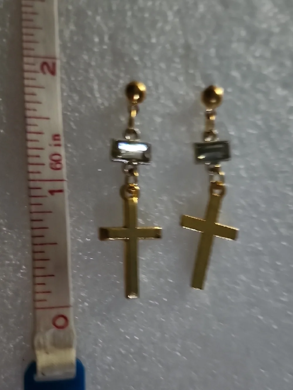 Hand Crafted Gold Cross Drop Earrings with Clear Stone